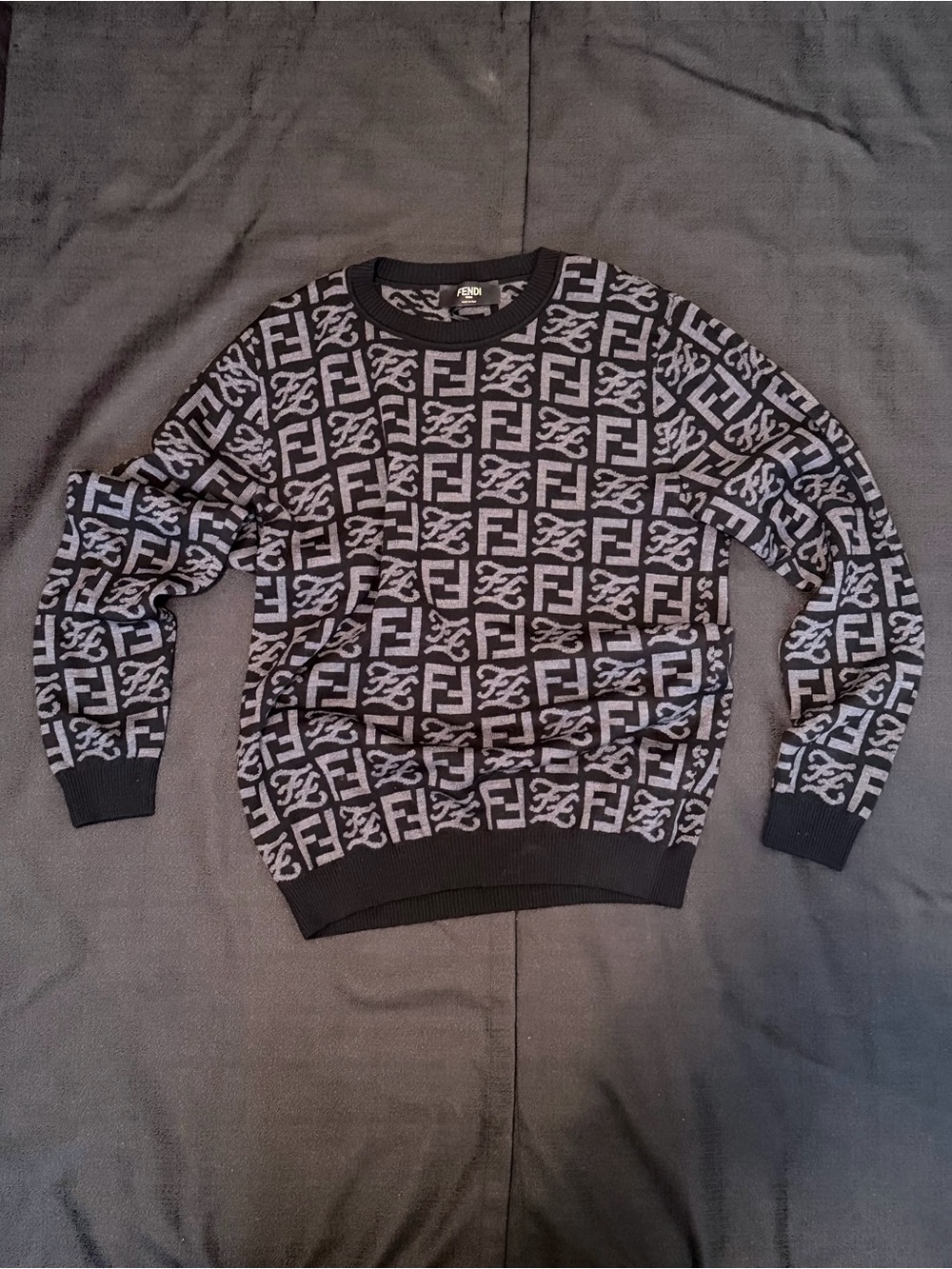 Fendi Black & Gray FF Logo Knit Crewneck Sweater